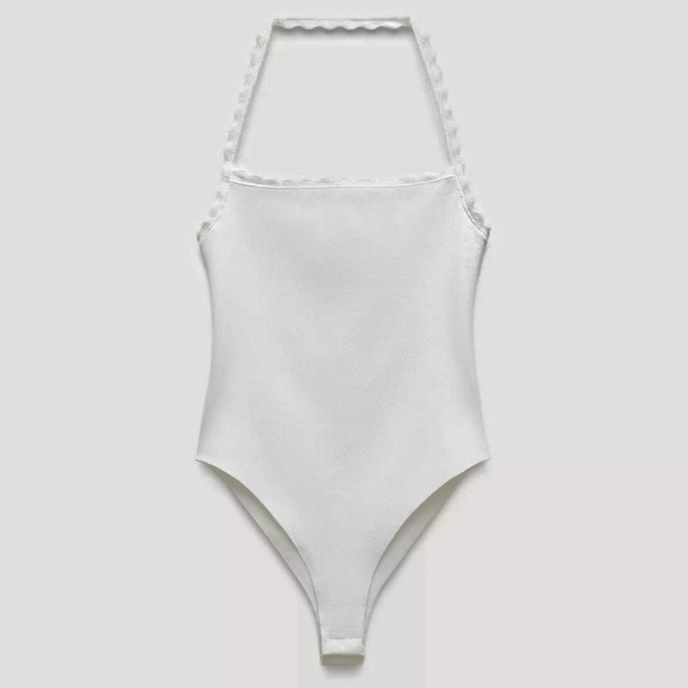 Zara White Scallop Trim Halter Bodysuit Size S — Blogger Favorite